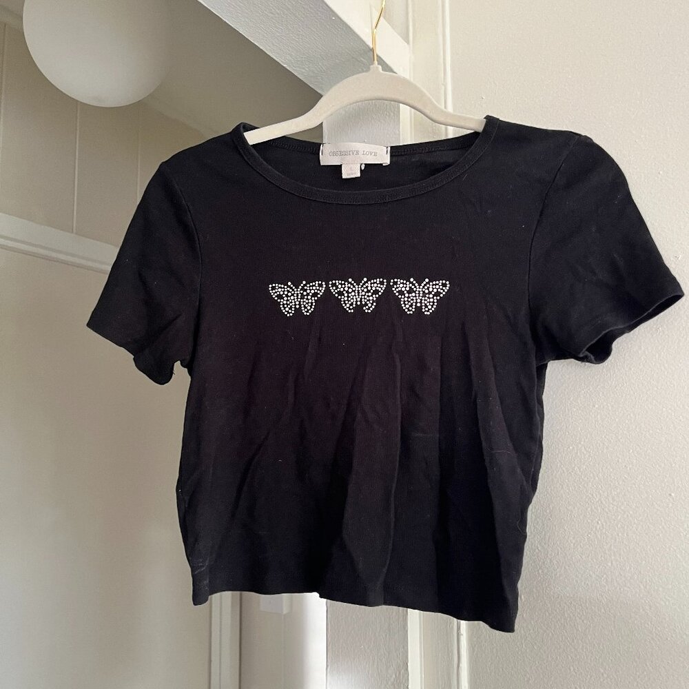 Y2K Gem Butterfly Black Cropped Shirt, Size L